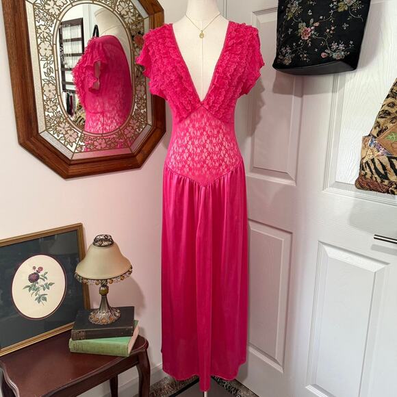 VTG 80s Hot Pink Nylon Stretchy Sheer Floral Ruffle Lace Plunge Midi Slip Dress - Picture 1 of 6